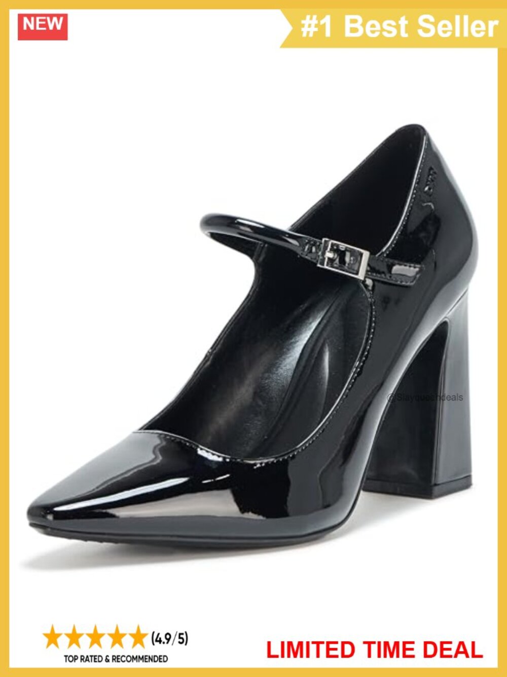 Mary Jane Block Heel Closed Toe Faux Leather Ankle Strap Party Pump